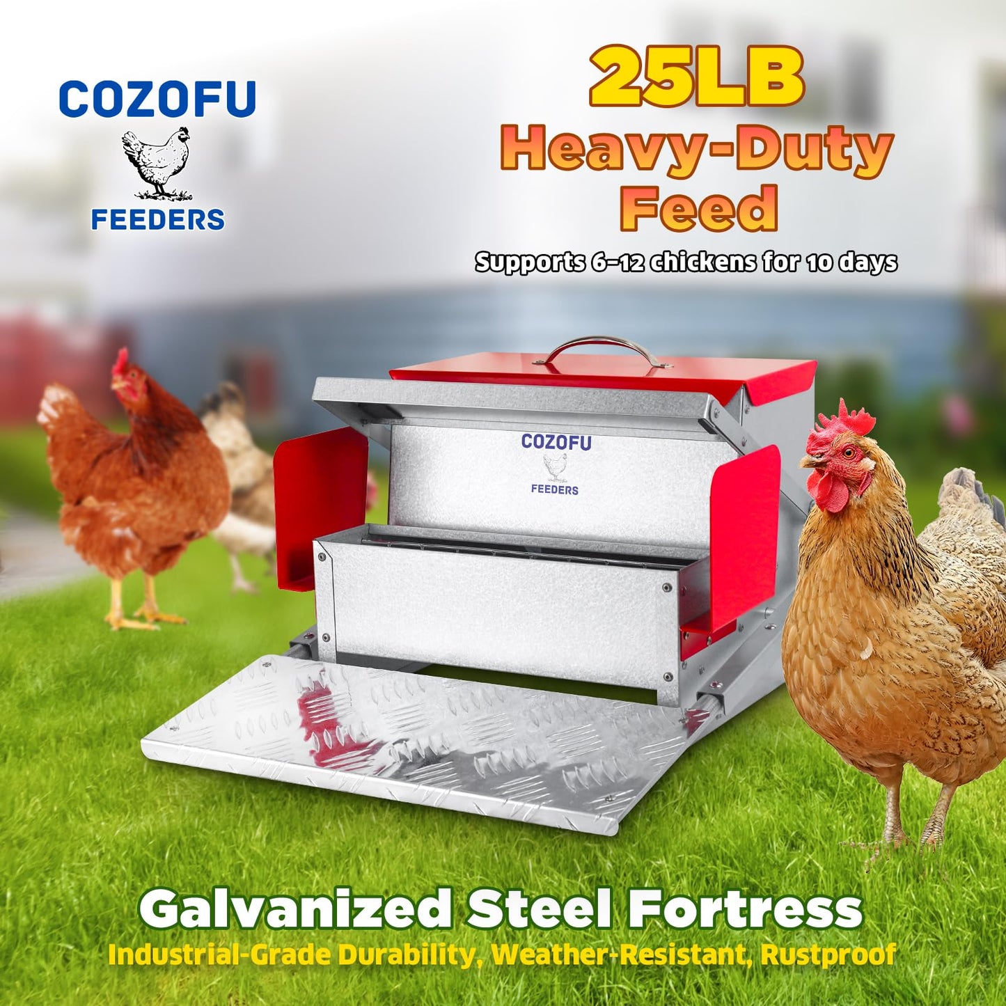 COZOFU Feeders Automatic Chicken Feeder - Large Capacity for 6-12 Chickens, Lasts 10 Days (25lb Feed), Durable Galvanized Steel, Rat-Proof, No-Spill, Weatherproof Lid