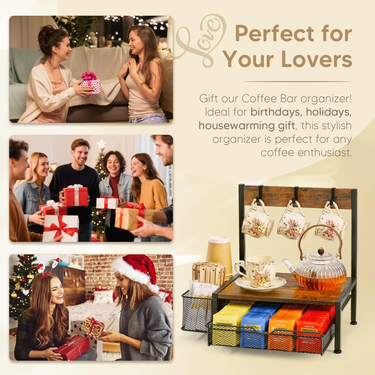 DGWJSU Tea Bag Organizer, Wood Tea Organizer and Storage Cheast, Tea Bag Holder with Storage Drawer, 4 Hooks for Tea Cups Holder, Tea Station Chest Display Container Box for Countertop Kitchen, Brown