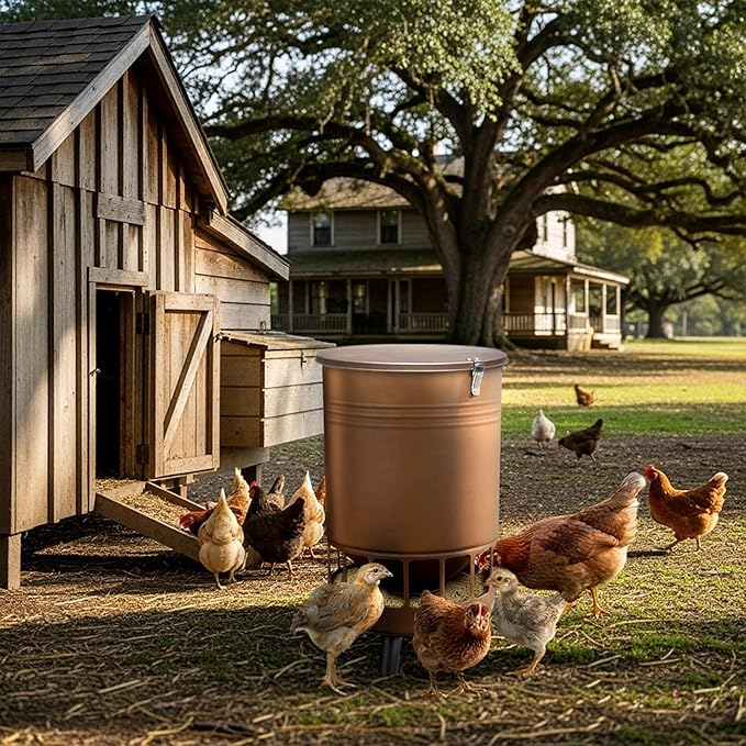 Solution4Patio 50LB No-Waste Chicken Feeder, Large Capacity Gravity Dispenser with Spill Control & 16 Feeding Ports Poultry Feeder for Outdoors & Hen Coop (Brown)