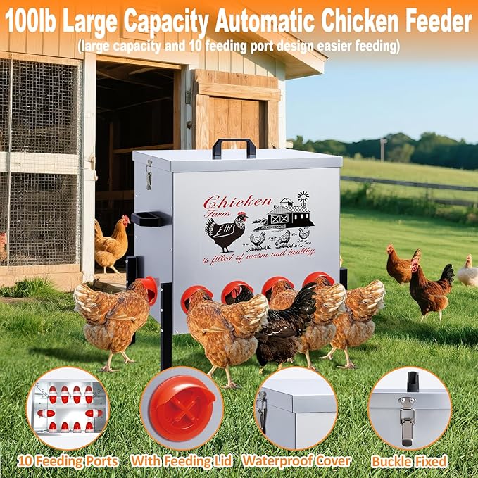 100LB Large Automatic Chicken Feeder–10 Feeding Ports No-Waste Galvanized Metal Chicken Feeder Box with Adjustable Legs & Locking Lid Poultry Feeder for Chickens,Ducks,Geese,Rust-Resistant