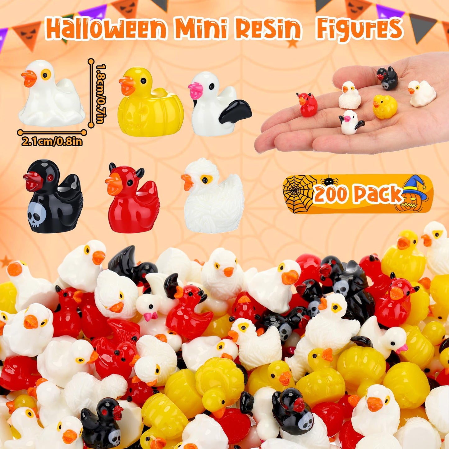 Barydat 200 Pcs Halloween Mini Resin Ducks Figurines Tiny Resin Figures Bulk Miniature Ghost Pumpkin Bat Skull Mummy Ducks Ornaments for Halloween Party Favors Bag Fillers Gifts Dollhouse Decor