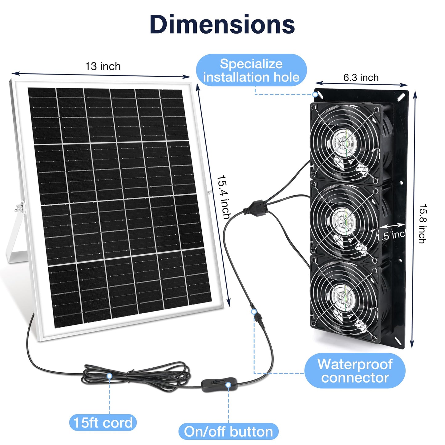 Fanspex Solar 3 Fan Kit, 25W Waterproofed Solar Powered Fans for Outdoor Chicken Coop, Greenhouse & Shed Intake or Exhaust Air