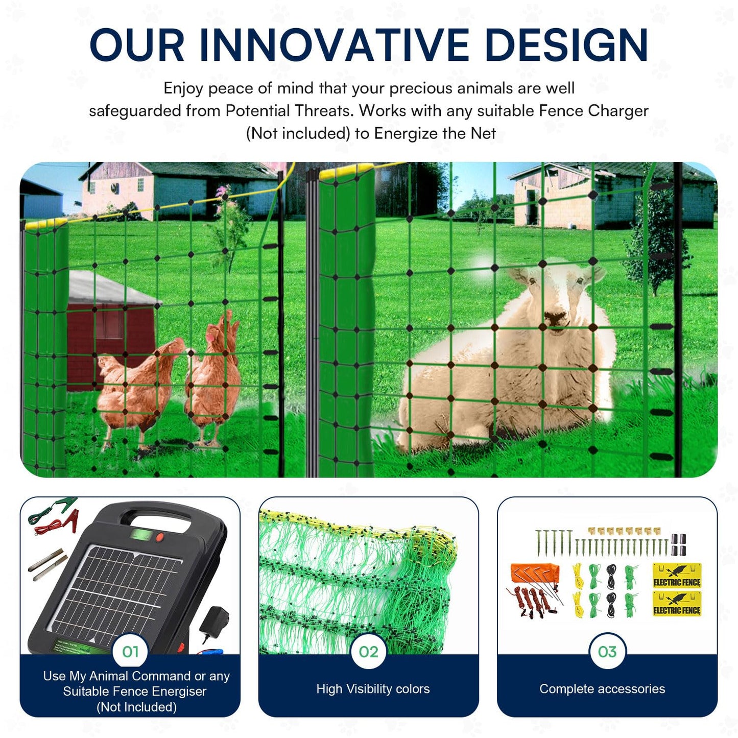 My Animal Command Premium 47” x 164’ Electric Poultry Fence Netting Pre-Assembled, 14 Posts Portable Semi-Rigid Suitable for Multiple Animals in Ranches Farms and Backyards