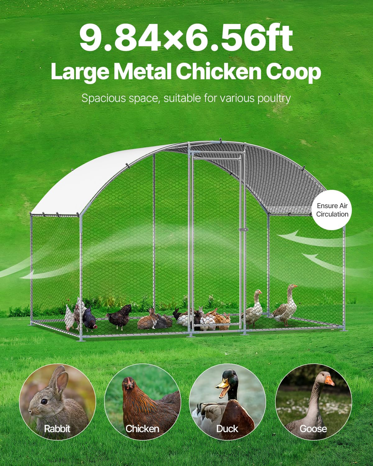 VEVOR Large Metal Chicken Coop with Run, 9.8 x 6.5 x 6.5ft Walkin Chicken Coop for Yard with Waterproof Cover, Dome Roof Large Poultry Cage for Hen House, Duck Coop and Rabbit Run