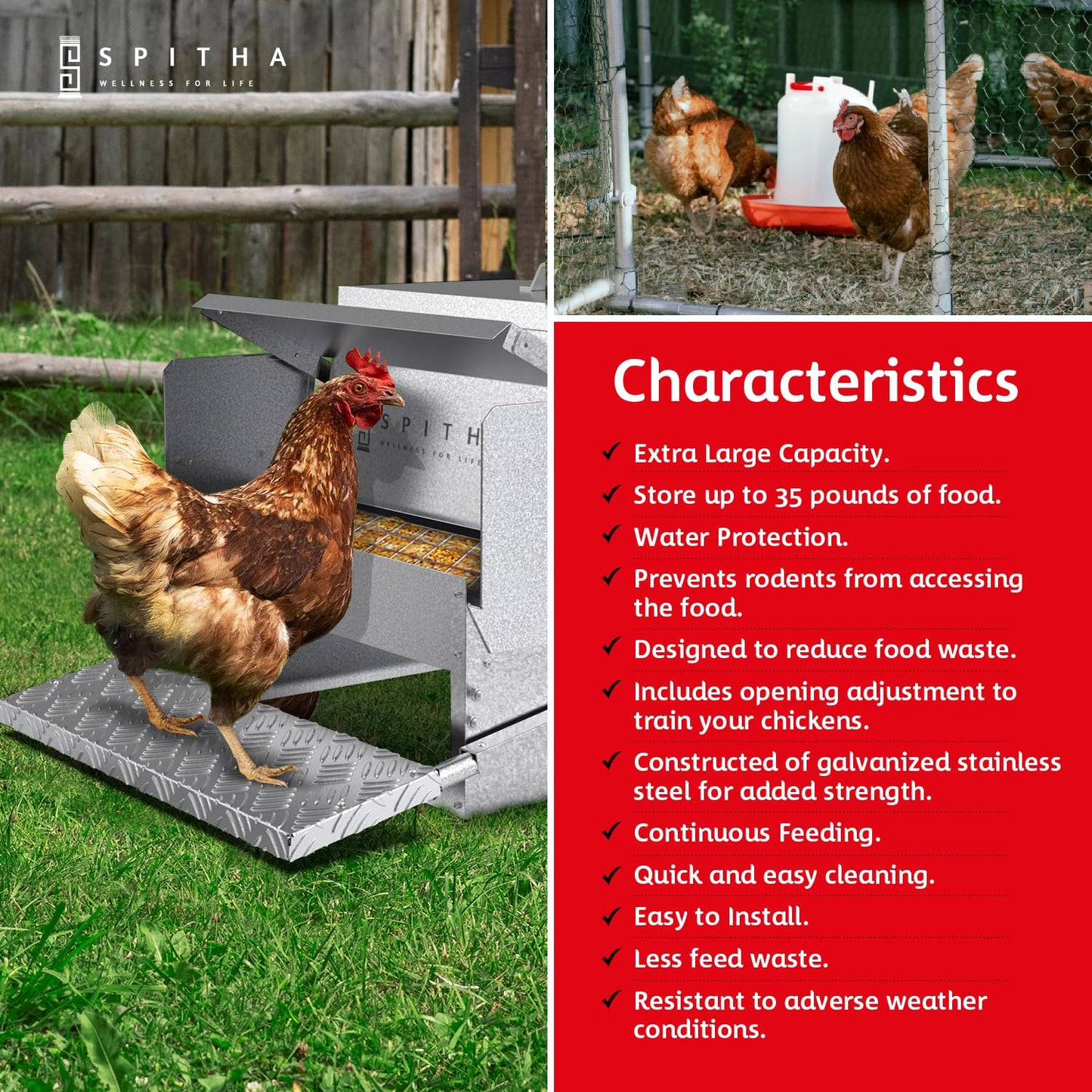 SPITHA Automatic Chicken Feeder-Large Metal Poultry Feeder(40lb Feed Capacity)16 Chickens for 14 Days Chicken Feeders No Waste Auto Food Dispenser Chickens Coop Accessories Chicken Food for Laying Hen