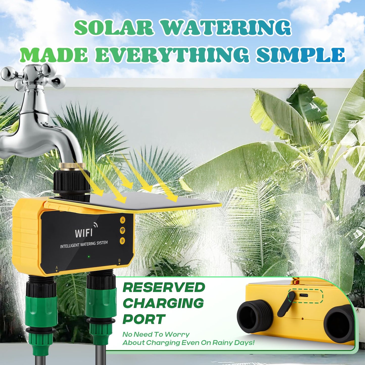 Moongiantgo Smart Solar WiFi Timer Kit, App Control Sprinkler Timer with 30m Pipe+30 360 Degree Bending Nozzle, Outdoor Automatic Watering System Kit with Rain Delay for Irrigation Lawn Yard Garden