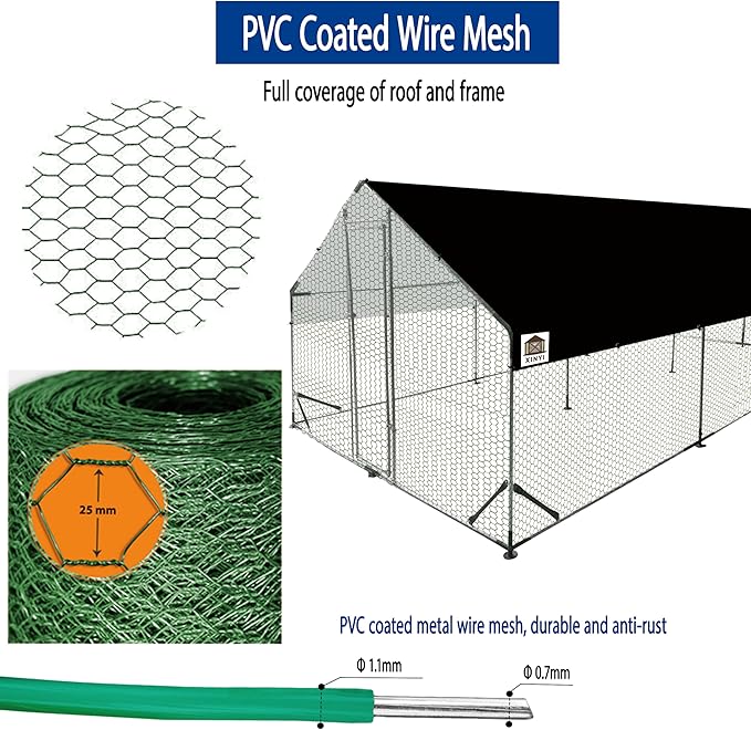 Chicken Coop Large Metal Chicken Run, Upgraded Anti-UV 180g/㎡ PE cloth & 1.1mm Thickened PVC-Coated hexagonal chicken Wire Mesh & More Galvanized Steel Standpipes, walk-in chicken coop, 19.7×9.8×6.4FT
