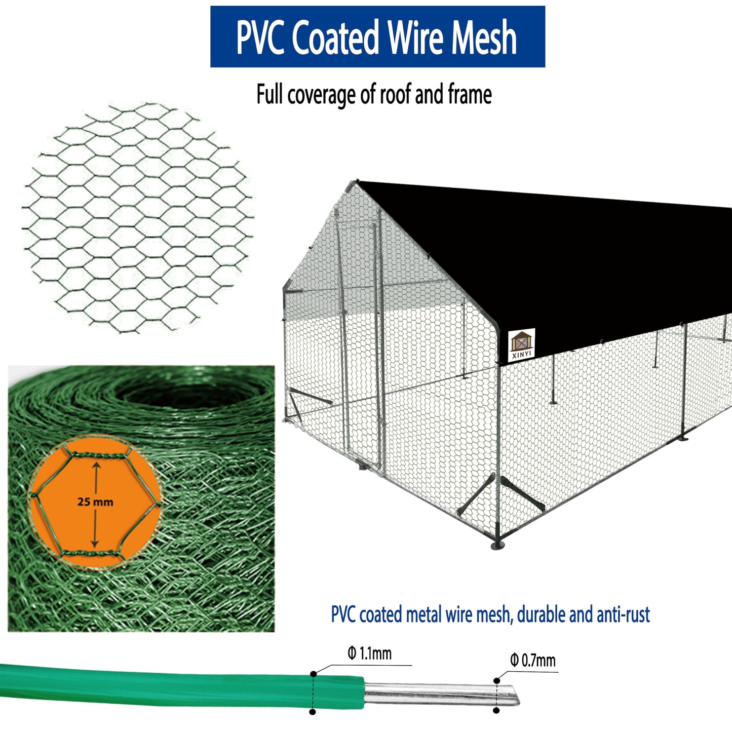 Chicken Coop Large Metal Chicken Run, Upgraded Anti-UV 180g/㎡ PE cloth & 1.1mm Thickened PVC-Coated hexagonal chicken Wire Mesh & More Galvanized Steel Standpipes, walk-in chicken coop, 19.7×9.8×6.4FT