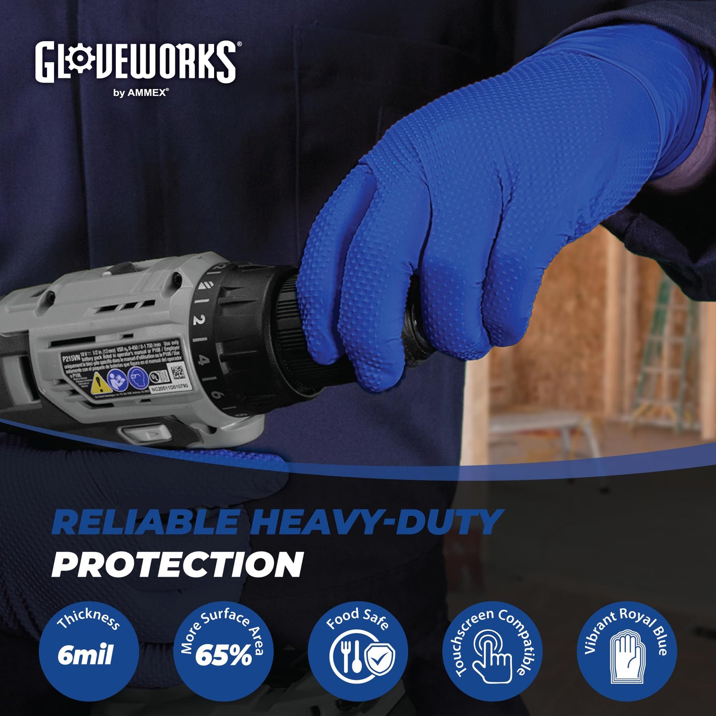 GLOVEWORKS HD Royal Blue Nitrile Industrial Disposable Gloves, 6 Mil Latex-Free Raised Diamond Texture, X-Large, Case of 1000