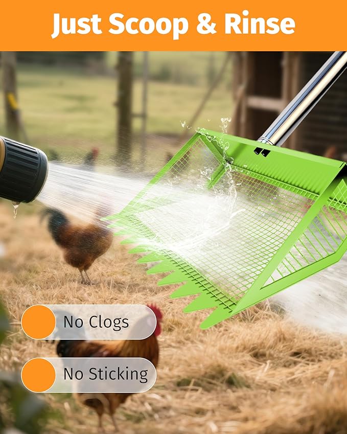 Chicken Poop Scooper & Rake - 2-in-1 Metal Chicken Coop Scoop for Sand with 22 to 62" Adjustable Handle, Litter Sifting Shovel Cleaning Tools for Chicken Run, Animal Farm, Duck Coop, Green