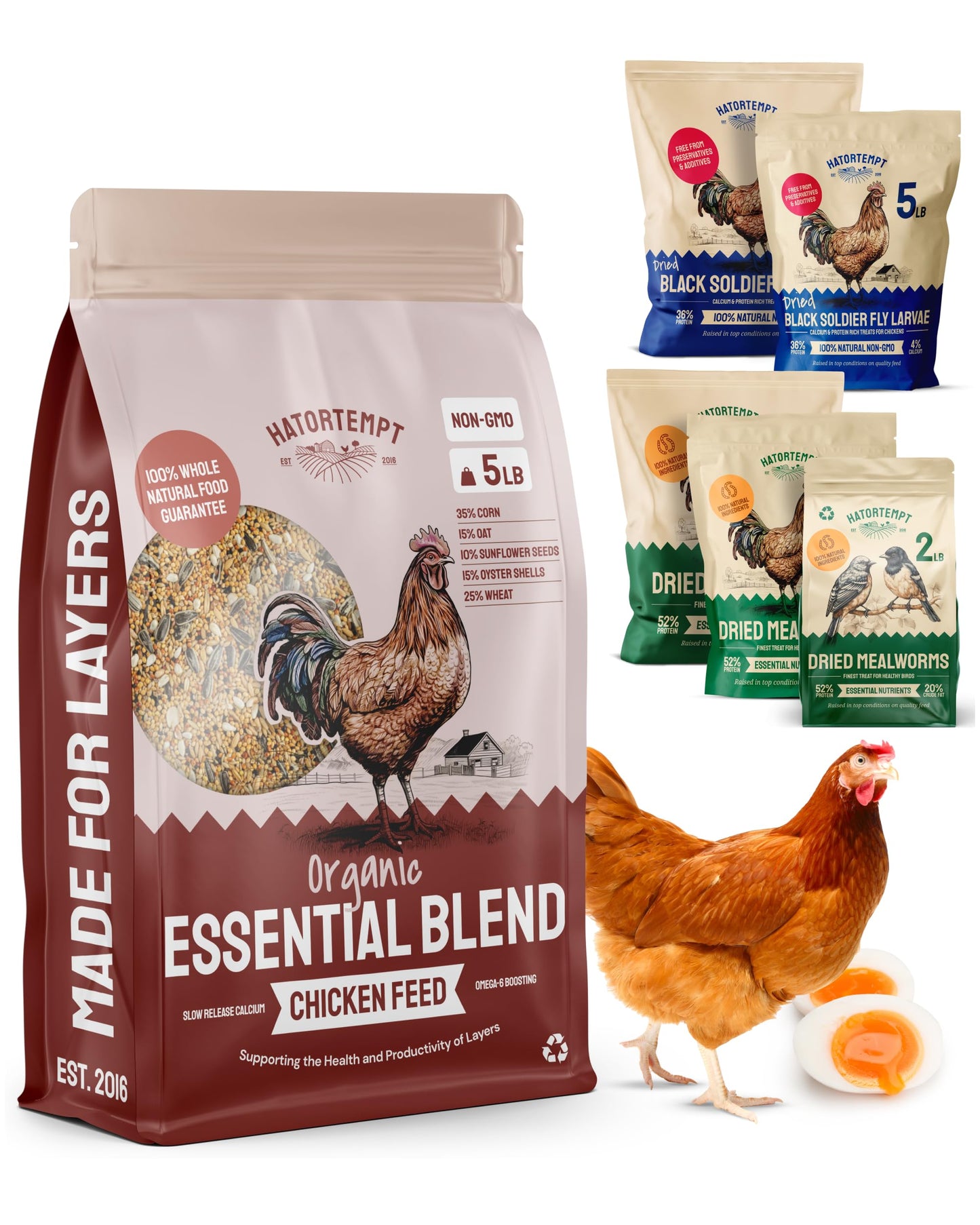 PTCOM Hatortempt 5lb Organic Chicken Feed for Laying Hens - 3 Grain Essential Blend - 5% Calcium with Oyster Shell for Chickens - Grit for Digestion - Chicken Food - Healthier Hens for Healthier Eggs
