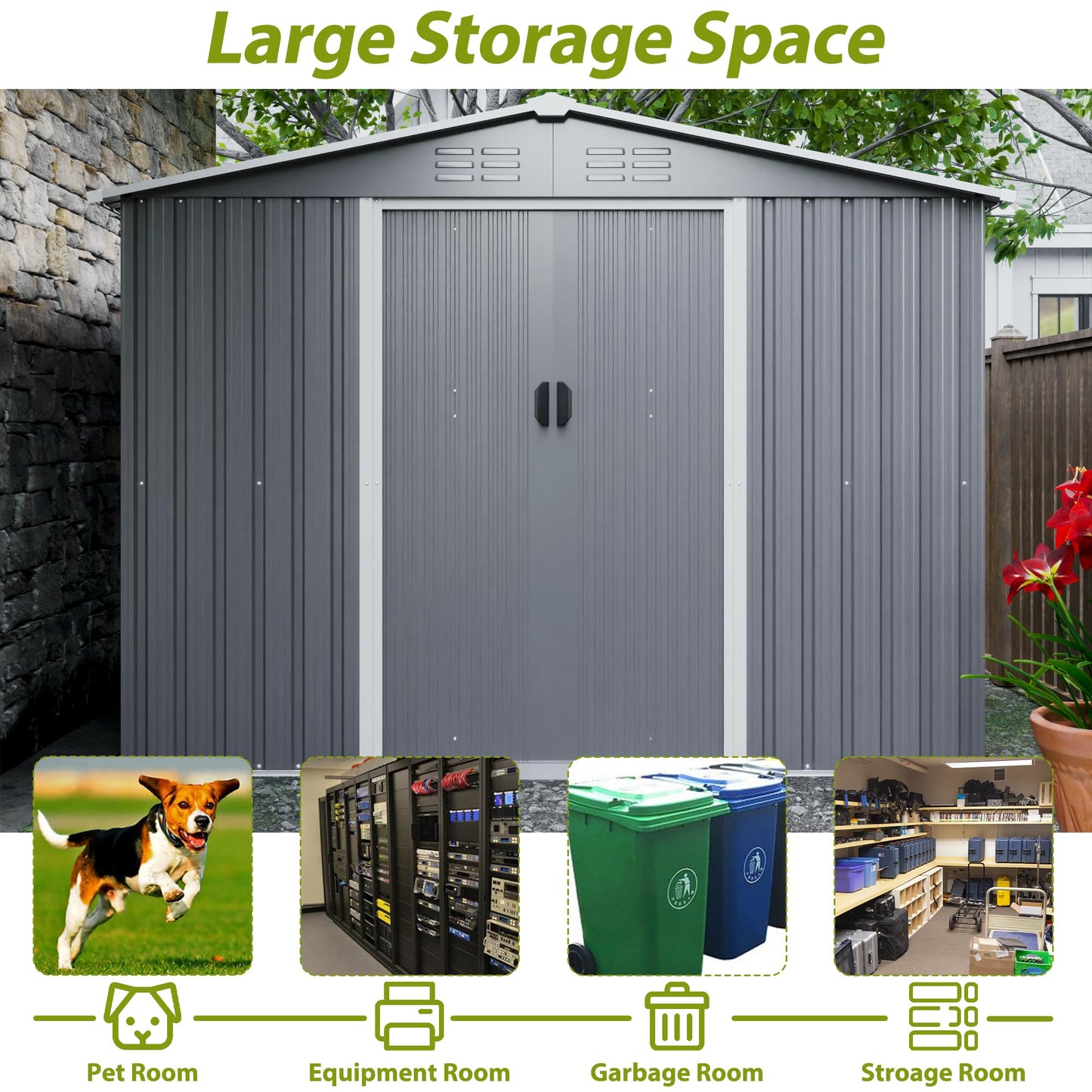 KEIKI Storage Shed 8x6 FT, Large Metal Tool Shed for Outdoor Storage, Galvanized Steel Garden Shed with Floor & Lockable Sliding Doors for Patio, Backyard, Lawn, Grey