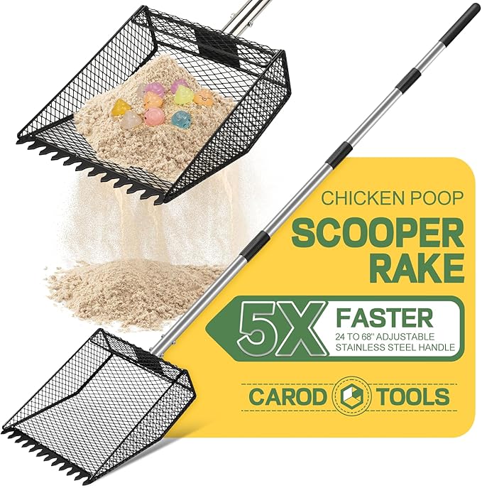Updated Chicken Poop Scooper and Rake, 2-in-1 Chicken Coop Scoop Sand Rake, Stainless Steel Handle (43–73"), Litter Scooper & Sand Sifting Shovel, Good for Chicken Coops & Farm Animals Scoop