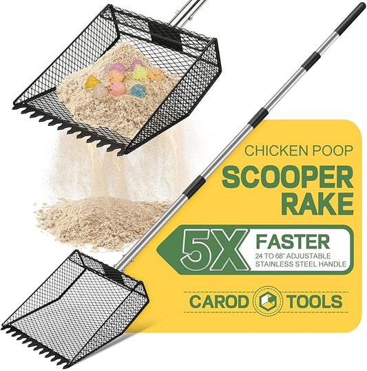 Updated Chicken Poop Scooper and Rake, 2-in-1 Chicken Coop Scoop Sand Rake, Stainless Steel Handle (43–73"), Litter Scooper & Sand Sifting Shovel, Good for Chicken Coops & Farm Animals Scoop