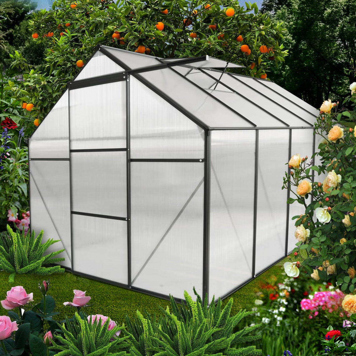 KELRIA 6x10 FT Hybrid Polycarbonate Greenhouse with Sliding Door and Adjustable Vent Window Walk-in Hobby Greenhouses Aluminum Heavy Duty Hot House for Outdoor Garden Backyard, Black