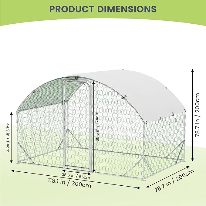 Large Metal Chicken Coop, Dome Shape with Tri-Supporting, Chicken Coop Run with Waterproof and Anti-UV Cover (6.6'L x 9.8'W x 6.6'H)