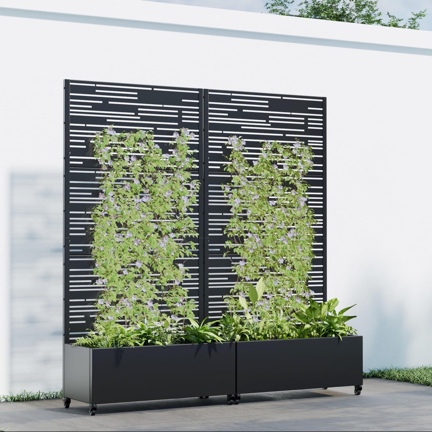 Casaphoria 72"x35" Metal Raised Garden Bed with Trellis(2 Pack), Outdoor Planter Box with Wheels & Drainage Holes for Climbing Plants, Flowers, Elevated Garden Kit with Privacy Screen, Black-Shine