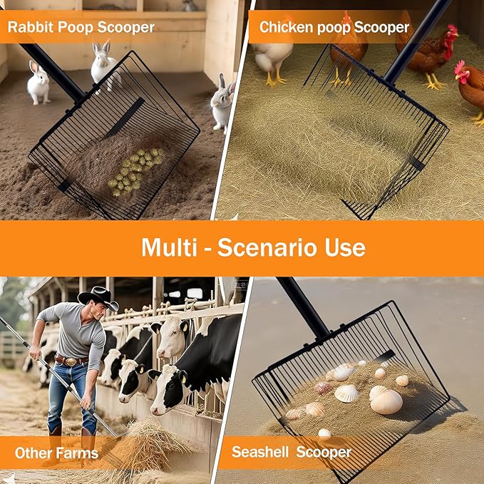 15inch Large Chicken Poop Scooper for Sand with Ergonomic Grip,Chicken Coop Accessories with 37" to 75" Adjustable Stainless Steel Handle - Heavy Duty Sifting Coop Scoop