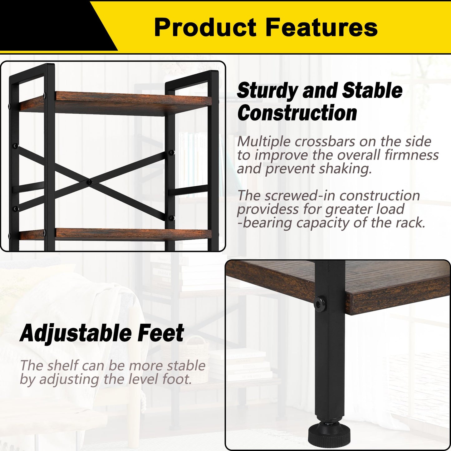 GIOTORENT 4 Tier Book Shelf, Small Bookshelf Storage Organizer, Tall Narrow Bookcase with Storage Shelves, Wooden Industrial Office Shelves for Bedroom, Living Room, Rustic Brown