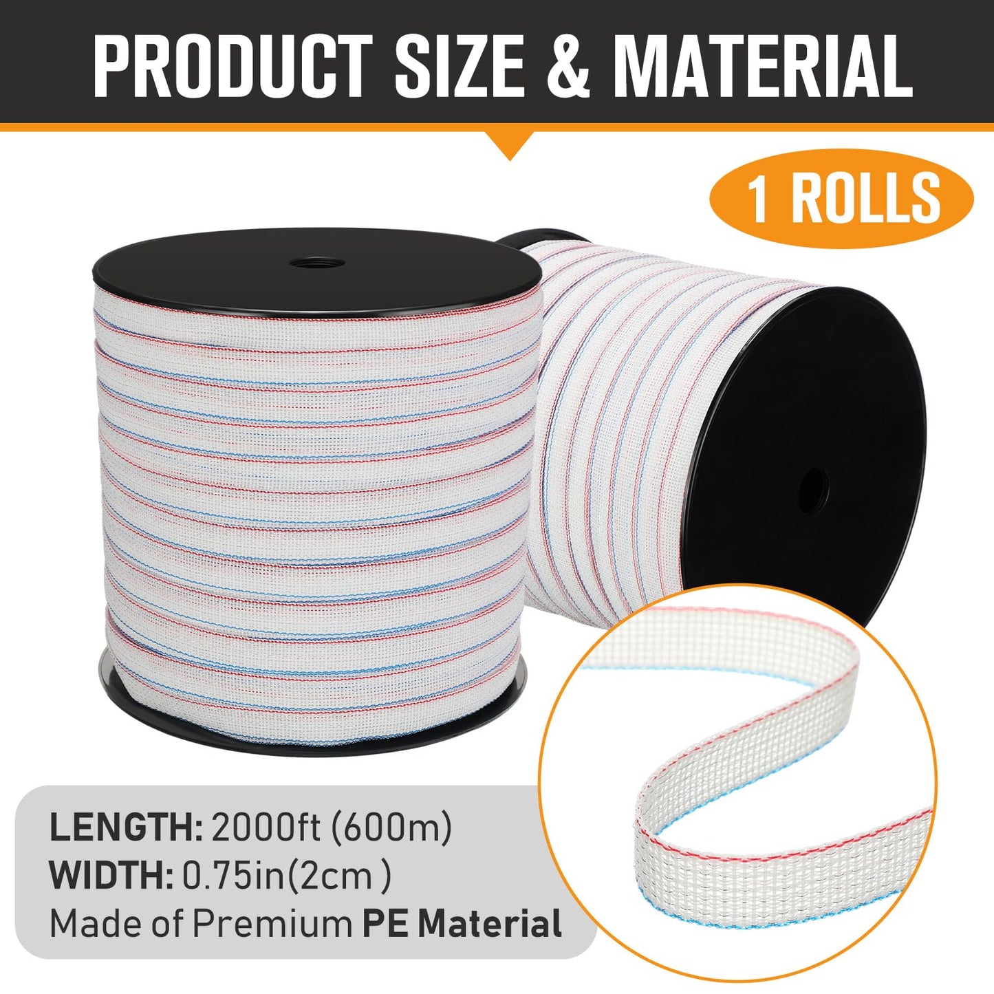 Wowangce 1 Roll 3/4 Inch x 2000 ft Electric Fence Tape for Livestock Polytape Fencing Horse Fence with High Visibility