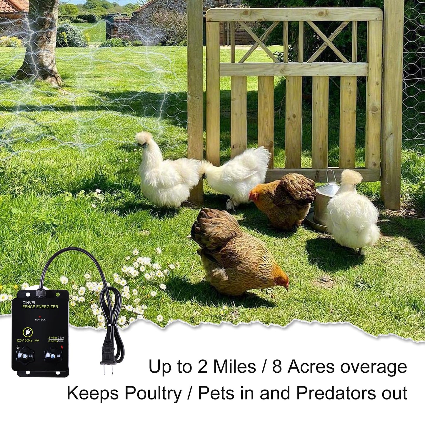Electric Fence Energizer for Preventing Wild Animals Intruding, CINVEI 2-Mile Electric Fence Energizer for Preventing Wild Animals Intruding 8 Acres Output Voltage 5000V, 0.1 Joule