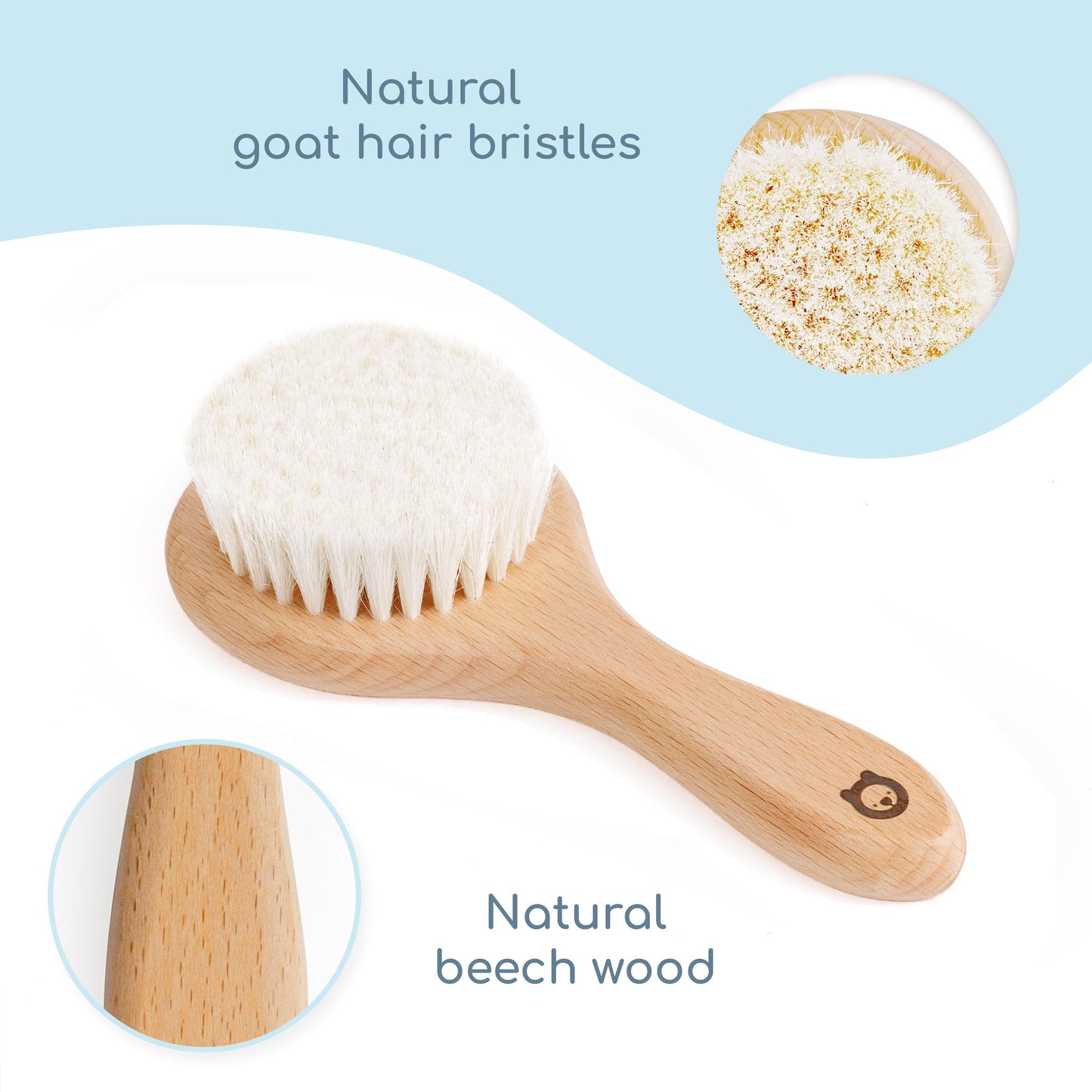 ROMY RO 3 Piece Wooden Hair Brush Set for Newborns & Toddlers - Ultra Soft Natural Goat Hair and Wood Brushes in Chic Gift Box