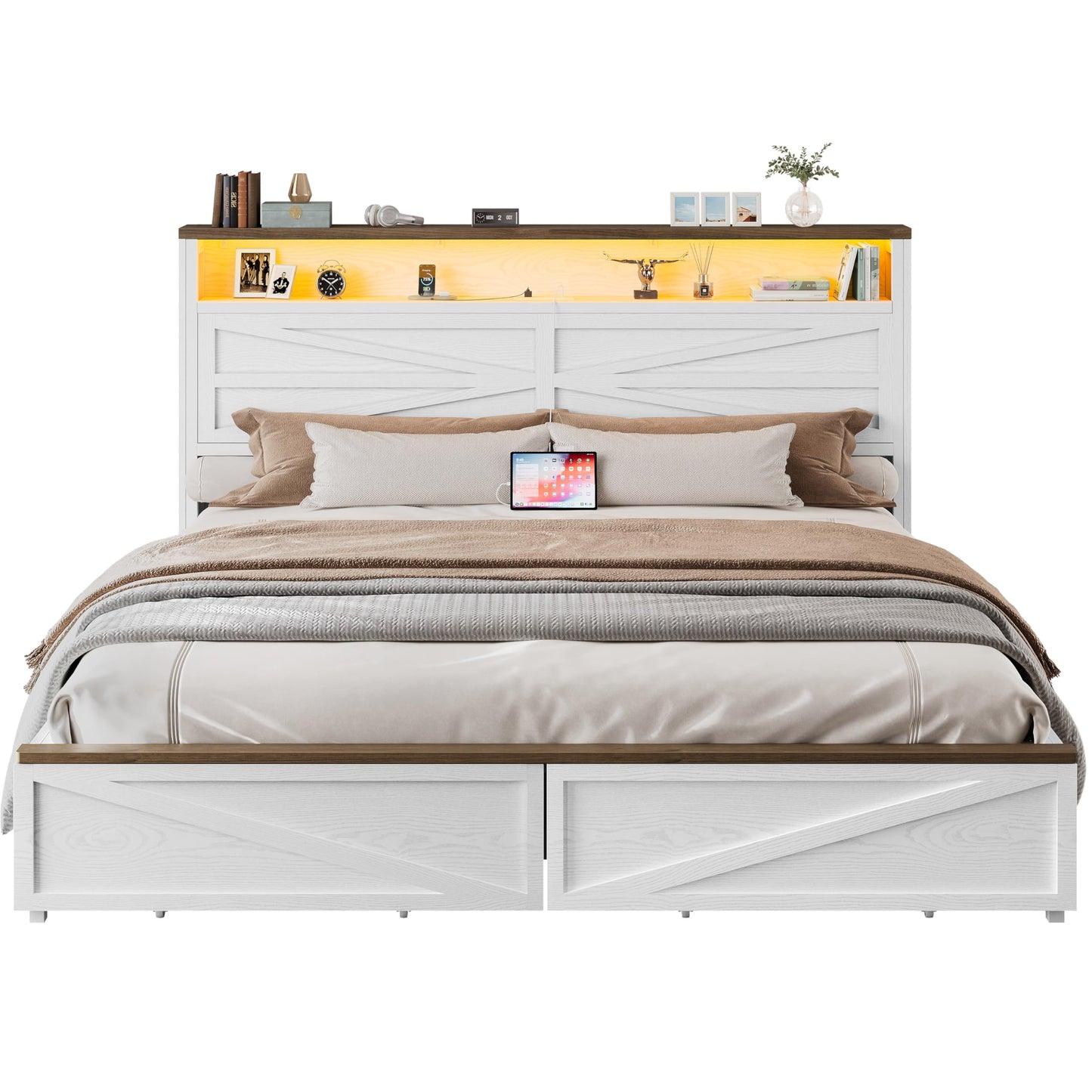 IRONCK Farmhouse King Size Bed Frame with LED Light and Charging Station, Wood Bed Frame with Storage Headboard and 2 Drawers， Barn Door Design, Sturdy and Noiseless, White