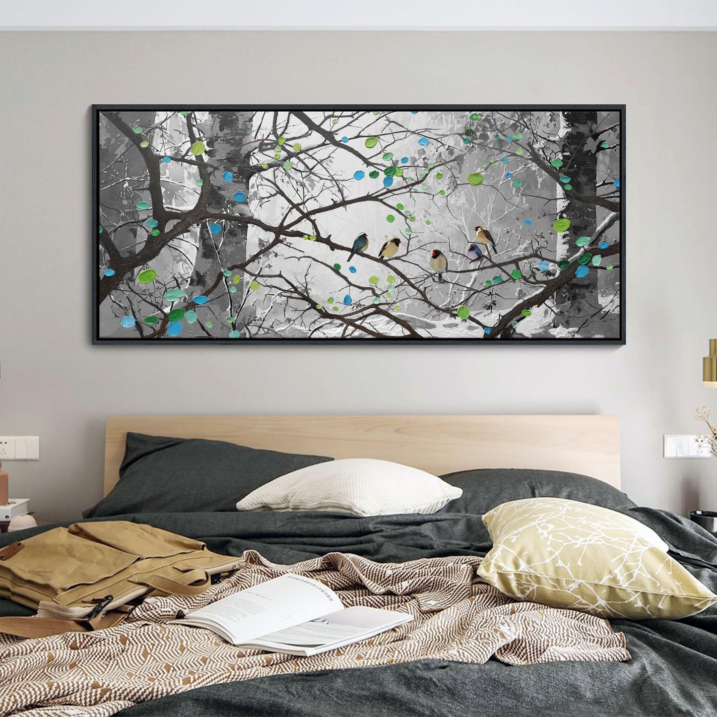 YCPRIMER Extra Large Grey Wall Art Bird on Branch Misty Forest Canvas Artwork Modern Framed Canvas Painting Decorative Home Decor Easy Be Hung Directly Dining Room Living Room Bedroom Office Size 70x31 Inches