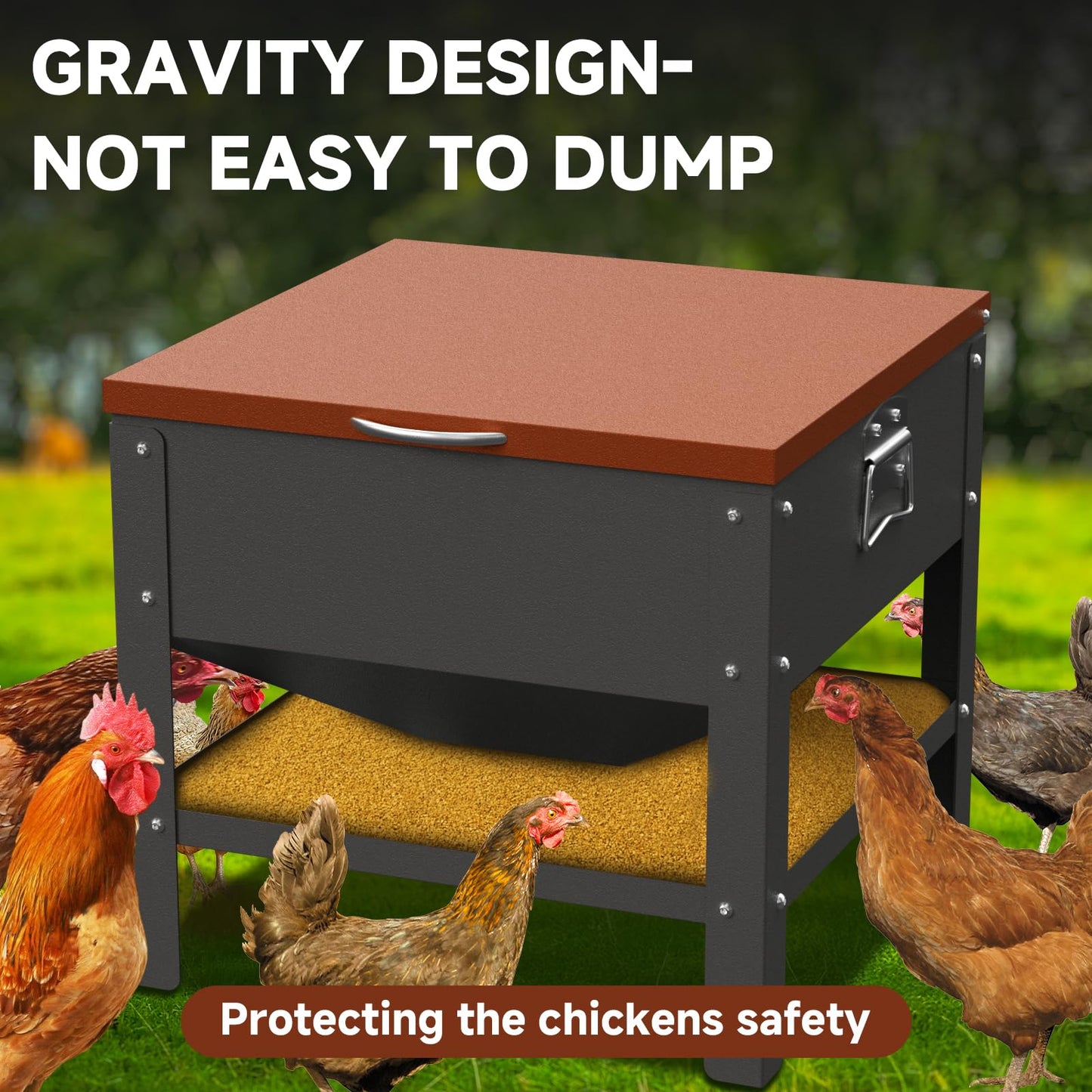 POOAMY Portable Metal Chicken Feeder with Waterproof Lid, Freestanding Chicken Feeding Box with 80 lbs Large Capacity for Chickens, Orange
