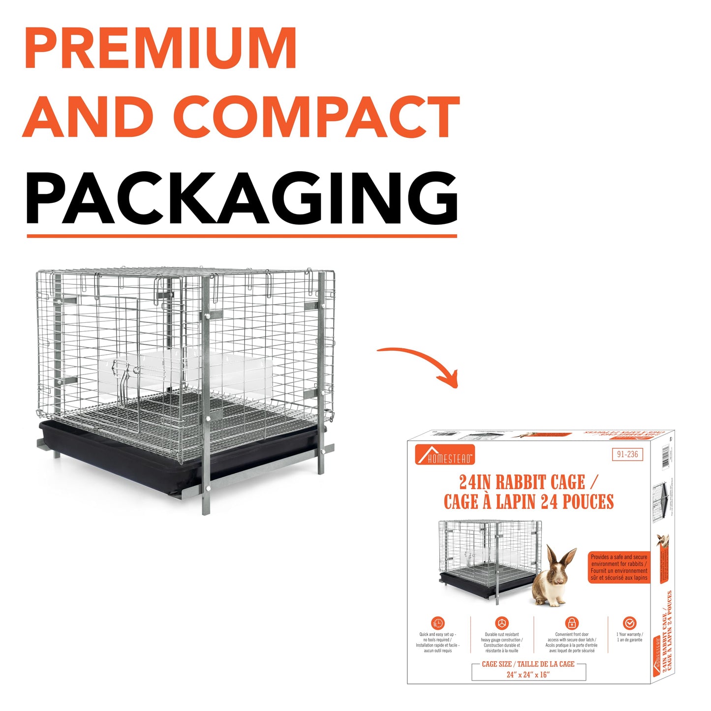 HOMESTEAD Bunny Cages with Tray - 24-inch Easy-Clean Rabbit Cage with Enhanced Kit - Leg, Frame, & Urine Guard Included - Ideal & Secure Home for Rabbits, Ferrets, Hedgehogs