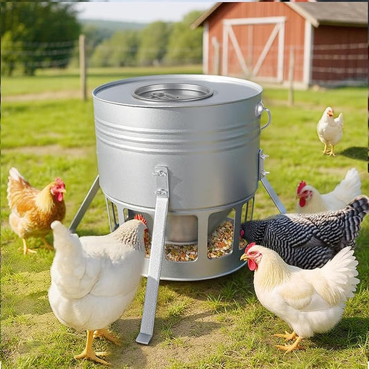 KOL Metal Chicken Feeder - 20lbs Ground Poultry Feeder with 12 Ports, Powder Coated Rust-Proof Design & Smooth Edges for Safe Feeding (Silver)
