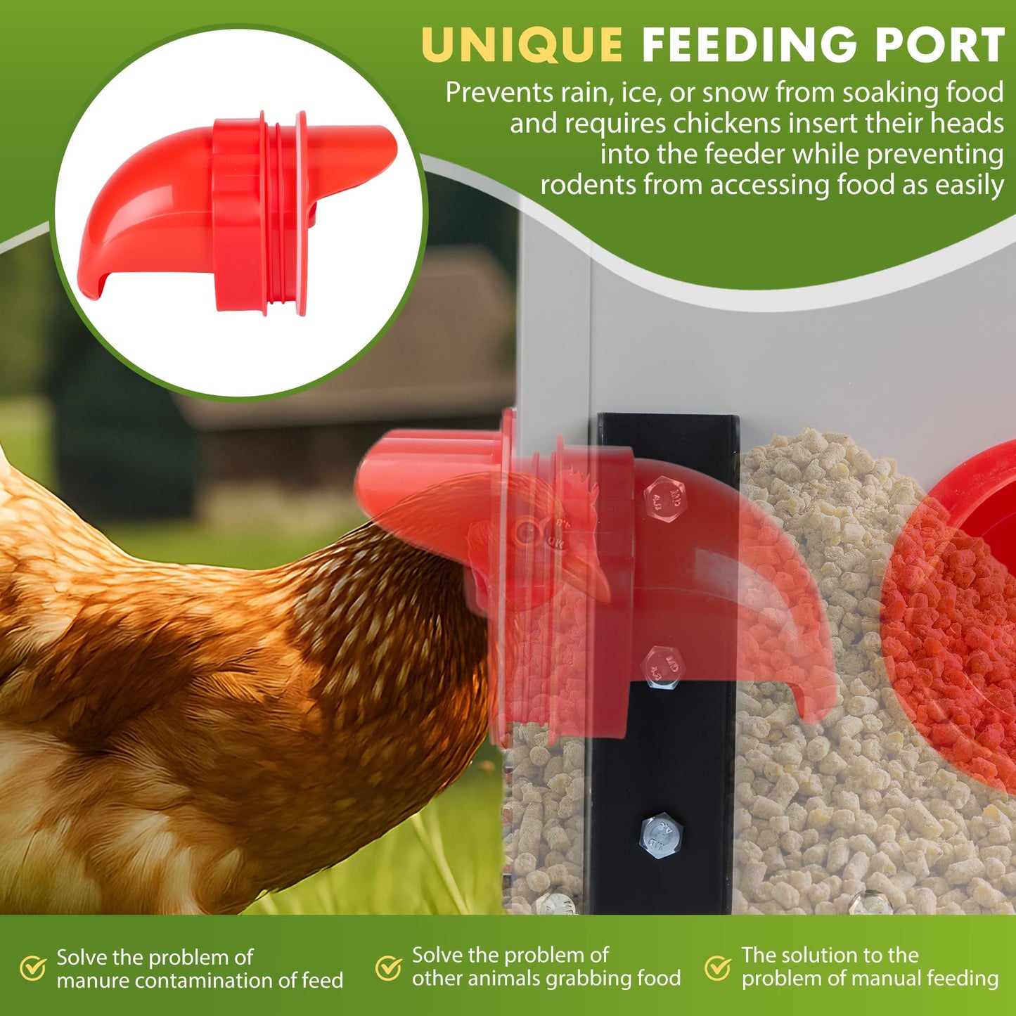 GVGBUK Metal Chicken Feeder with 4 Ports, 30 lbs Metal Poultry Feeder, Height Adjustable Weatherproof Feeding Box for Chickens, Geese, Ducks, Turkeys, Quails
