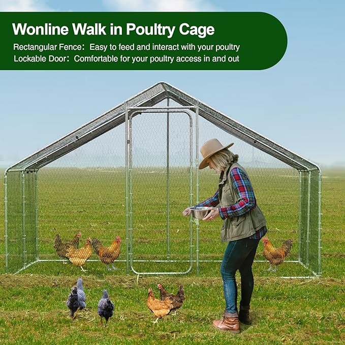 Wonline Large Metal Chicken Coop, Outdoor Walk-in Poultry Spire Top Cage with Climbing Frame Waterproof&Anti-UV Cover, for Hen House, Duck Coop and Rabbit Run, Silver (9.8' L x 9.8' W x 6.56' H)