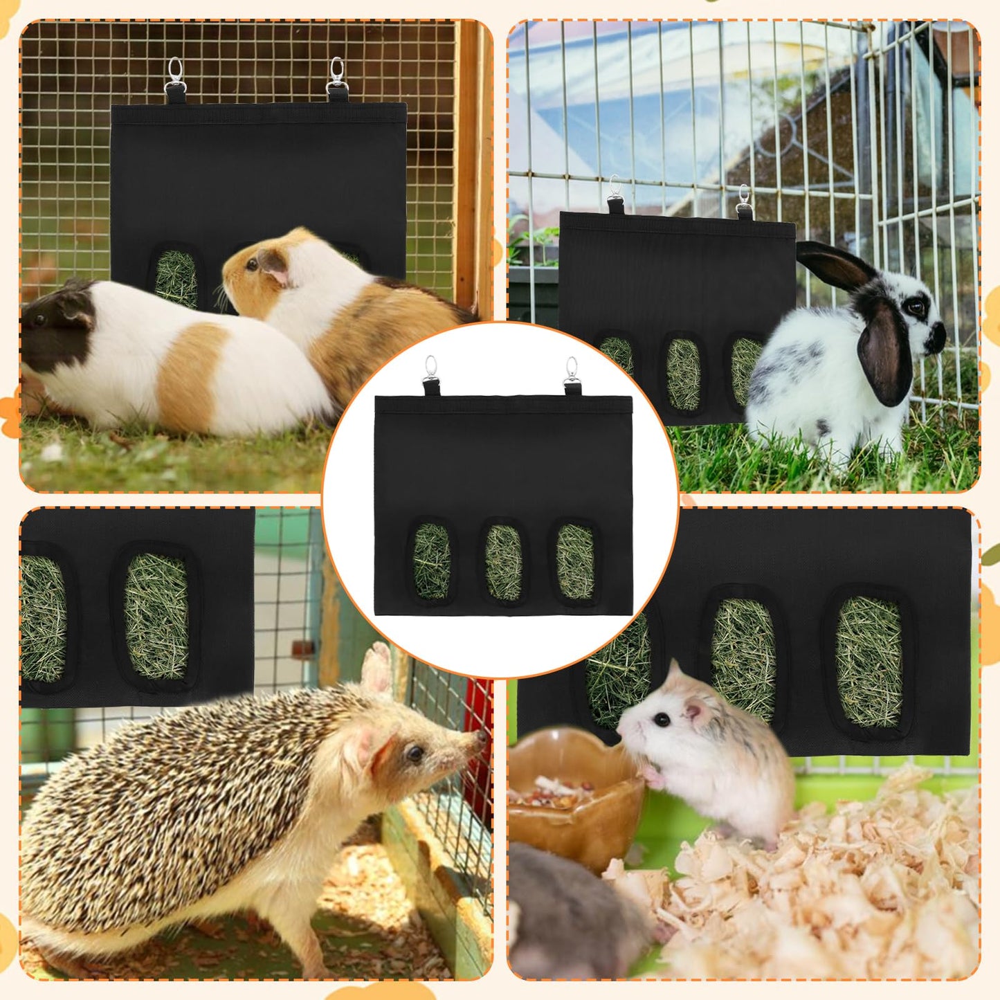 GBACHOOSE 4PCS Rabbit Hay Feeder, 3 Holes Guinea Pig Hay Feeder Bag Bunny Hay Bag for Rabbit Guinea Pig Chinchilla Hamsters Small Pets Animal