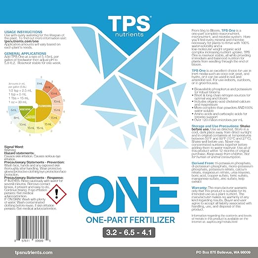 TPS NUTRIENTS One Liquid One Part Plant Nutrient from Veg to Bloom, for Lush Growth and Dense Flowers, 1 Gallon (128 oz)