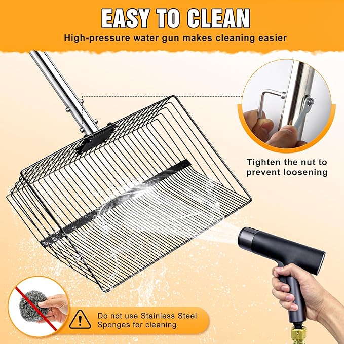 Chicken Poop Scooper, Large Metal Chicken Coop Scoop, Chicken Litter Sifting Shovel, Chicken Coop Rake with Retractable Stainless Steel Handle, Chicken Coop Cleaning Tools Accessories15Inch