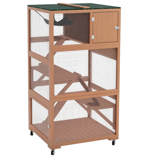 PawHut Catio, Outdoor Cat Enclosure House, Wooden Feral Cat Shelter on Wheels, Cat Cage with Hammock, Platforms Ramps, and Weather Protection Asphalt Roof, 34", Gray