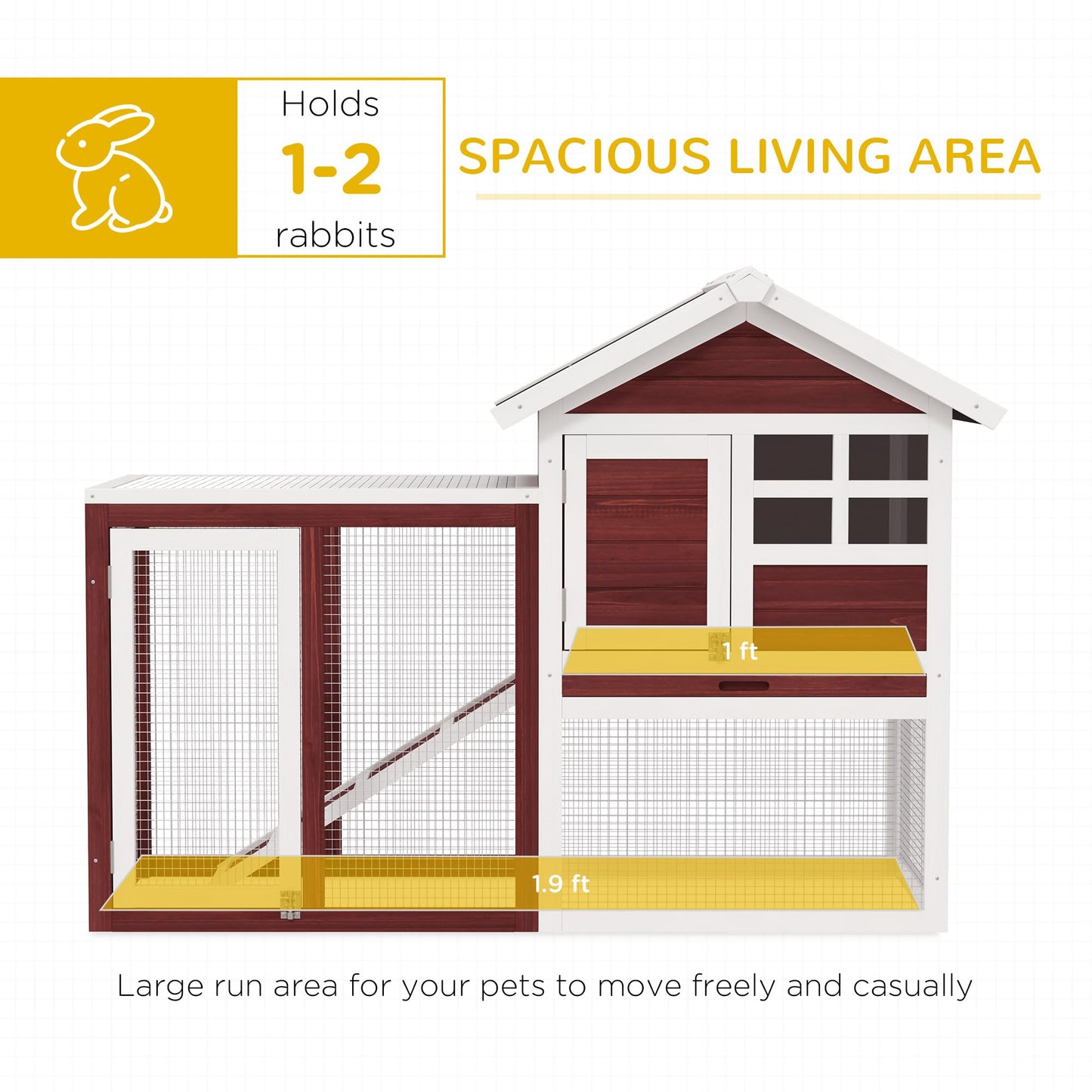 PawHut 48" Wooden Rabbit Hutch Bunny Cage with Waterproof Asphalt Roof, Fun Outdoor Run, Removable Tray and Ramp, Brown