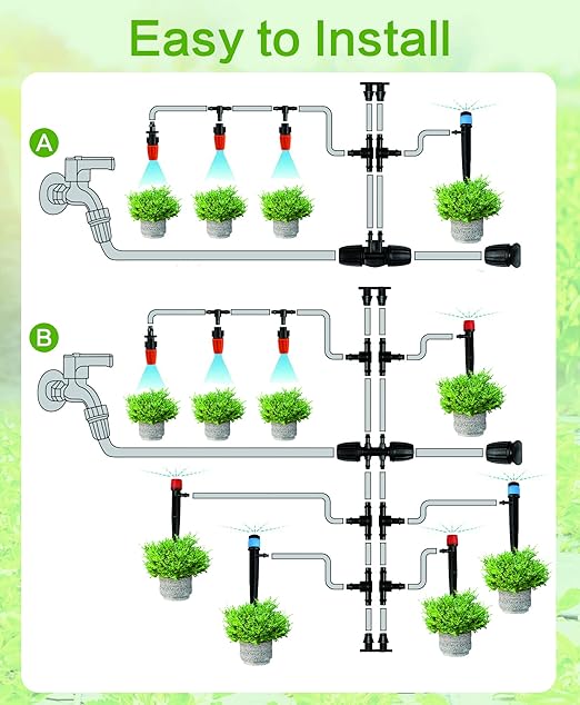 JAYEE 130FT Drip Irrigation Kit - Garden System With Nozzle Emitters, Tubing and Parts - Automatic Watering for Potted Plants, Greenhouse, Lawn