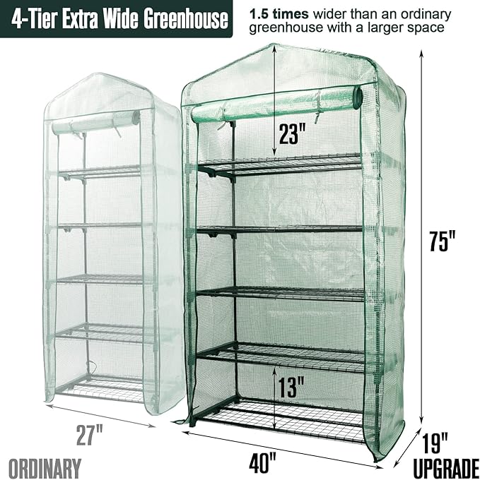 Worth Garden 50% Extra Wide Mini Greenhouse 5 Tier Portable Plant Green House 40in Wide -Sturdy Gardening Shelves with PE Cover & Roll-Up Zipper Door - Indoor & Outdoor Use - 19″W. x 40″L. x75″H.