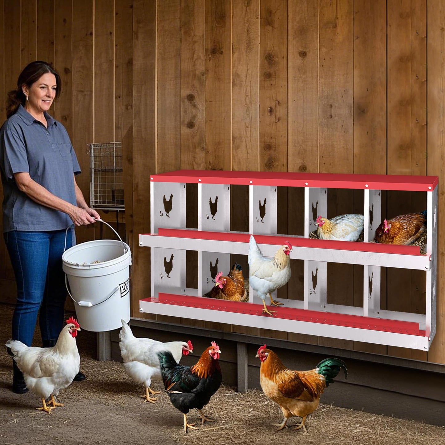 GarveeLife Nesting Boxes for Chickens, 10 Compartment Chicken Nesting Box, Metal Chicken Laying Boxes with Perch, Secure Lid, Versatile Wall Mount or Free Standing for Hens, Red