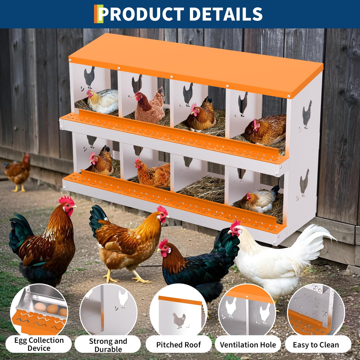 Garvee Chicken Nesting Box with Removable Tray, 8 Compartment Nesting Boxes for Chickens, Easy to Clean and Install, Chicken Laying Boxes for Chicken Coop to Protect Eggs, Orange