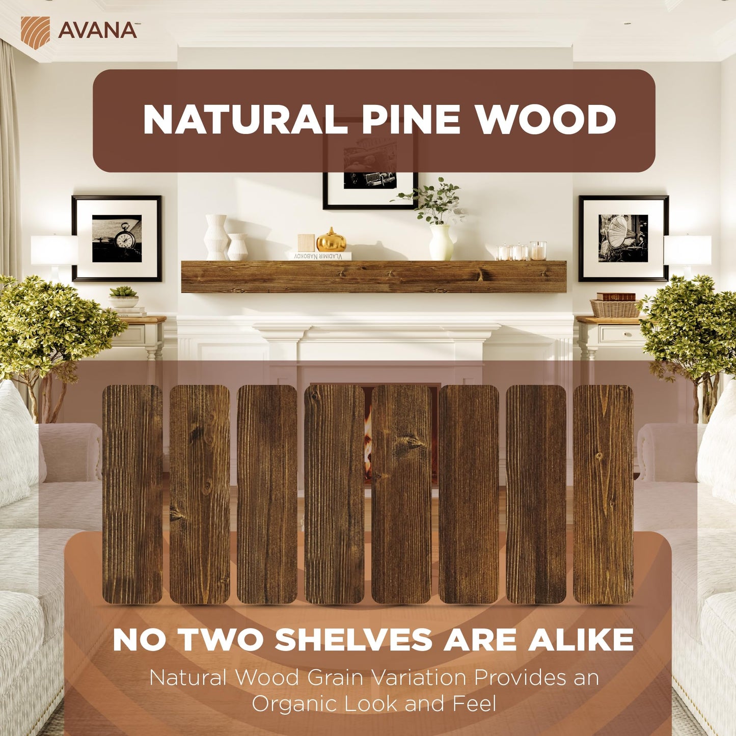 Avana Rustic Fireplace Mantle Shelf - 84 Inches, Handcrafted Wood - Decorative Wall Shelf for Home - Farmhouse Mantel Decor - 84 X 8 X 5 - Rustic Traditional