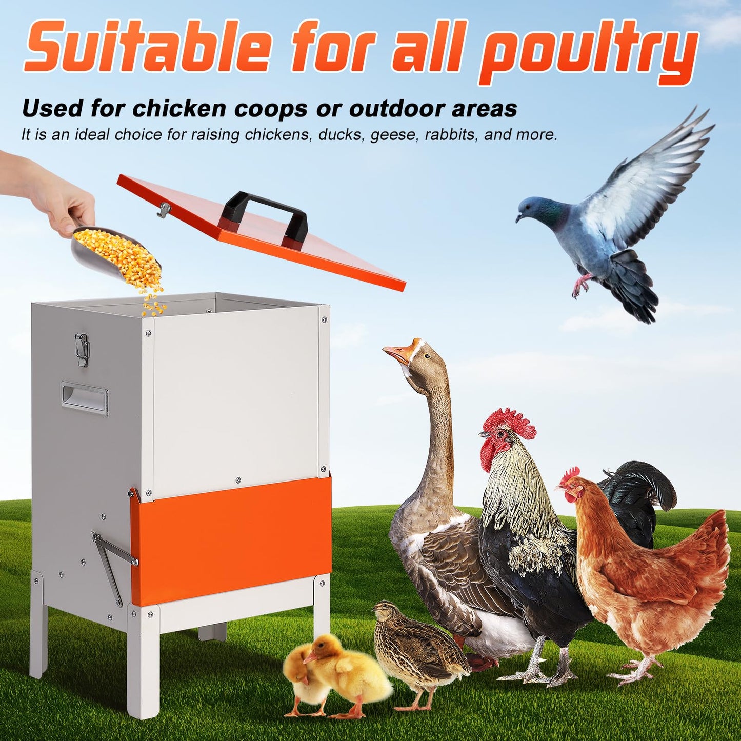 PKNYBZH 30lbs Automatic Chicken Feeder and Duck Feeder，Large Poultry Feeder for Chickens, Ducks, Geese, Pigeons, Dogs, Cats (Orange)