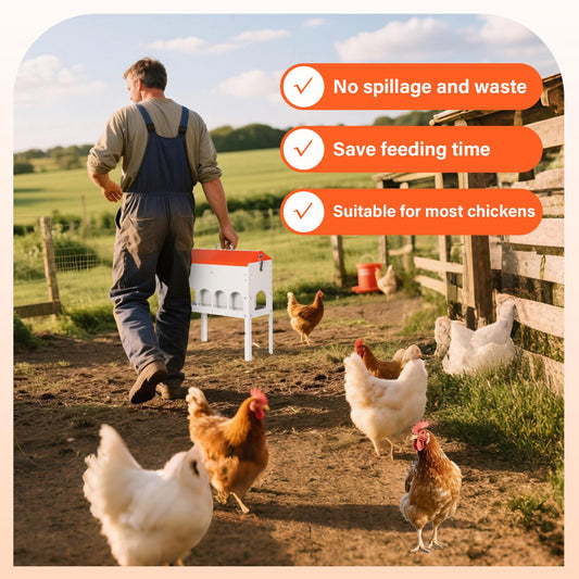 PAUQRWIE 15lbs Automatic Chicken Feeder - 10 Feeding Ports, No Waste Poultry Feeder Large Feeding Though Dispenser for Chickens Duck Turkey Pheasant Chicken Coop