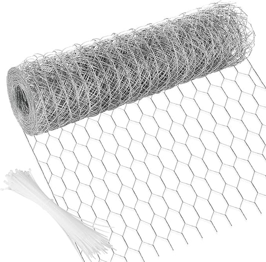 Chicken Wire 13.7 in x 393.7 in Poultry Wire Netting Hexagonal Galvanized Mesh Garden Fence Barrier for Pet Rabbit Chicken Fencing with 100 Pcs Cable Zip Ties