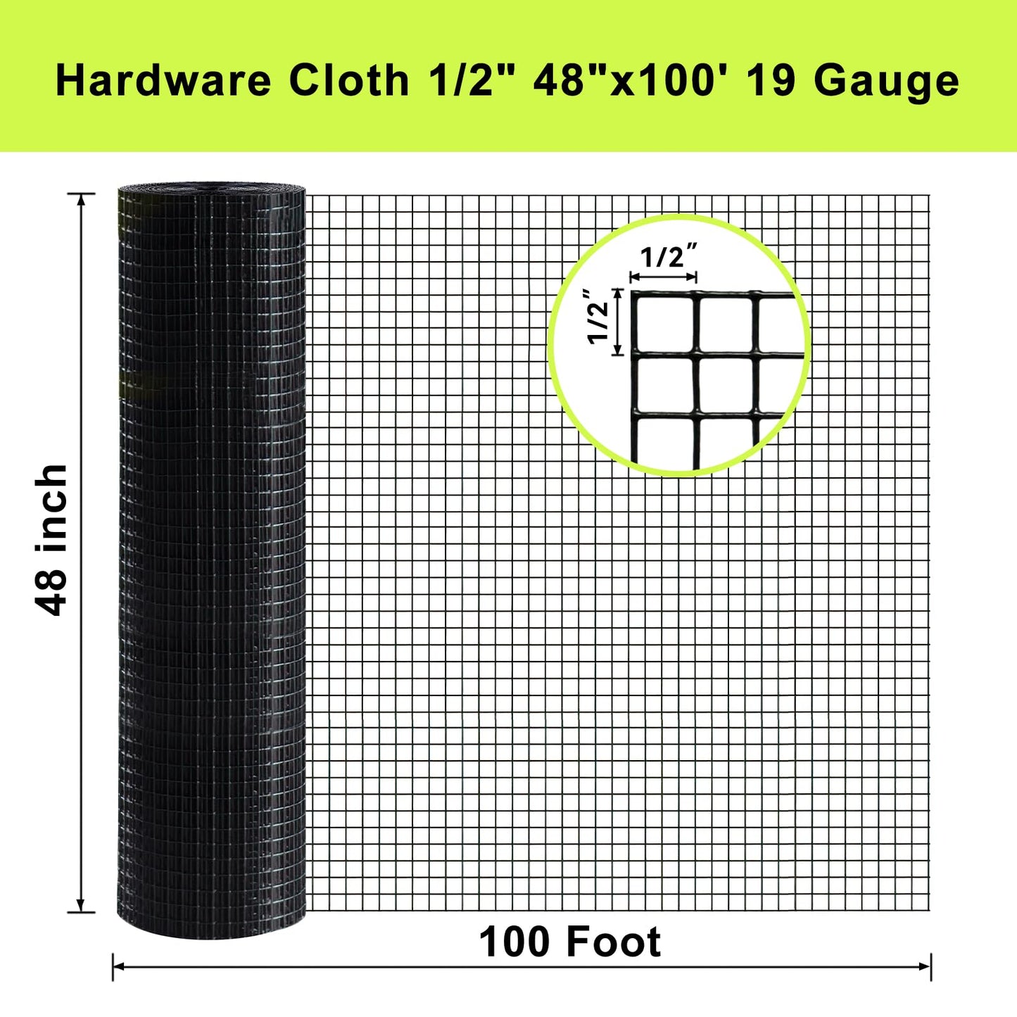 LAN JIA Black Hardware Cloth 48 in × 100 ft, 19 Gauge 1/2 inch Black PVC Vinyl Coated Welded Wire Fence Supports Poultry Netting Chicken Coop Cover Wire Fencing