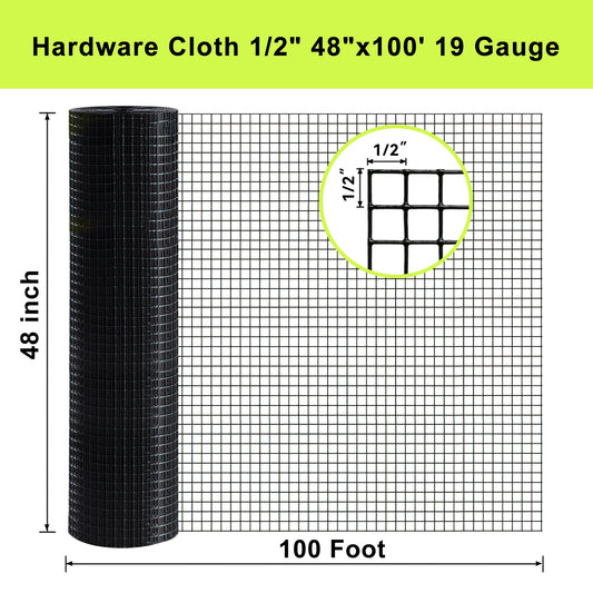 LAN JIA Black Hardware Cloth 48 in × 100 ft, 19 Gauge 1/2 inch Black PVC Vinyl Coated Welded Wire Fence Supports Poultry Netting Chicken Coop Cover Wire Fencing