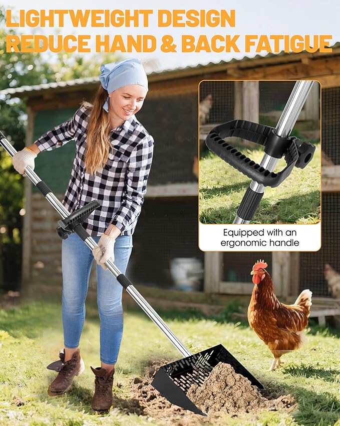 Chicken Poop Scooper & Rake - 2-in-1 Metal Chicken Coop Scoop for Sand with 22 to 62" Adjustable Handle, Litter Sifting Shovel Cleaning Tools for Chicken Run, Animal Farm, Duck Coop Black