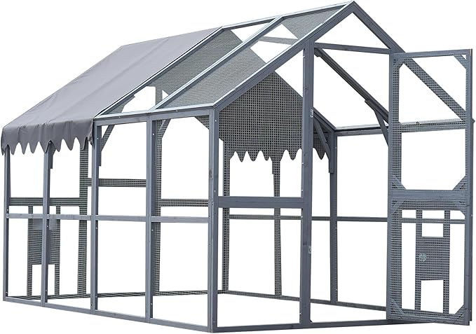 109.6'' Large Wood Chicken Coop Enclosures,Walk-in Poultry Cage, Chicken Run Pen Duck House with Waterproof and Anti-Ultraviolet Cover for Outdoor Farm Use Spire Roof, Grey